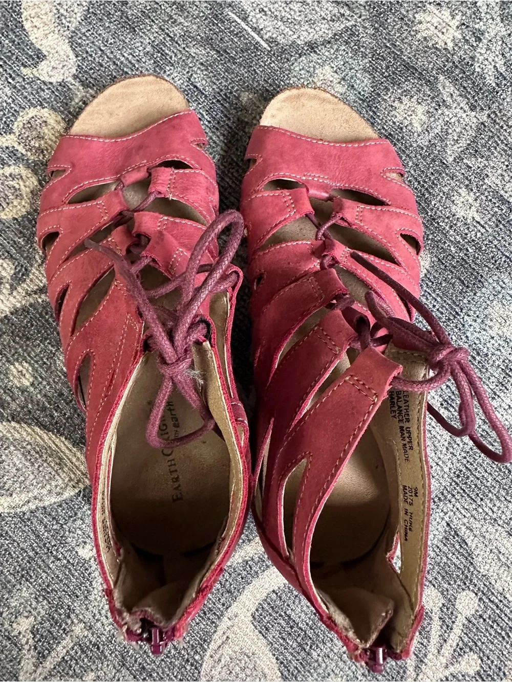 Earth Origins Harley Red Leather Gladiator Lace Up Wedge Sandals Sz 9